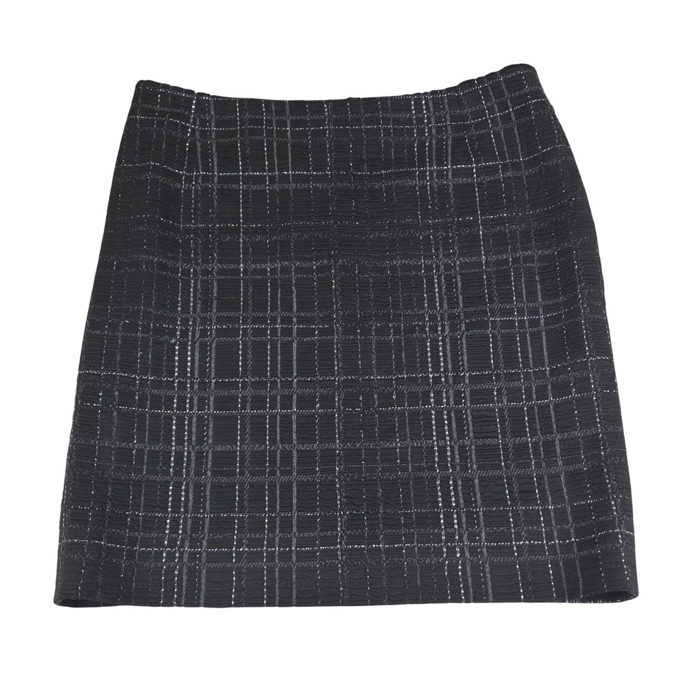 Akris Punto Pencil Tweed Skirt 10 Black Metallic Plaid Check Textured Classic